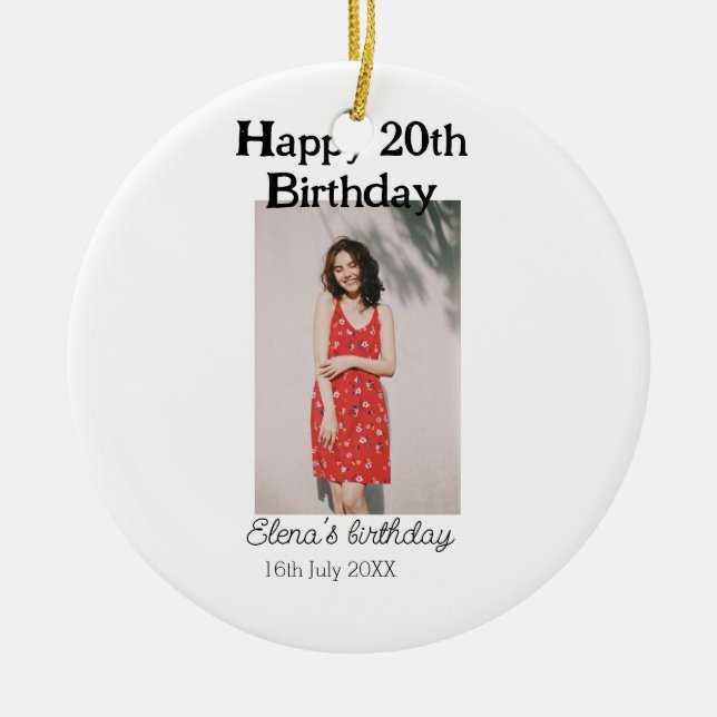 Ornamento De Cerâmica Foto de 20 de aniversário feliz, simples e simples (Frente)