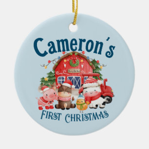 Ornamento De Cerâmica Foto de animais da fazenda de Natal em azul