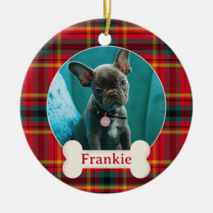 Ornamento De Cerâmica Foto de animal de estimação & Nome Natal Plaid Ver