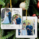 Ornamento De Cerâmica Foto de Arch Casada de Primeiro Natal Manuscrita<br><div class="desc">Feliz e enfeites de natal casado com fotos em forma de arco na frente e uma foto quadrada no verso. A feliz & Casada está escrita à letra na tipografia manuscrita e você pode personalizar ainda mais com seus nomes, texto personalizado como Primeiro Natal Casado ou seu(s) último(s) nome(s) e...</div>