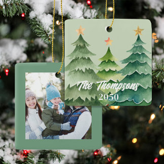 Ornamento De Cerâmica Foto de árvore de Natal verde personalizada para o