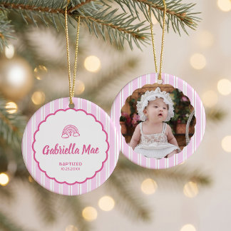 Ornamento De Cerâmica Foto de Batismo com Listras Rosa Natal