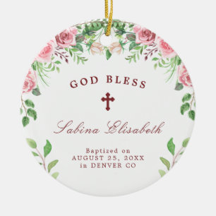 Ornamento De Cerâmica Foto de batismo de rosas rosa personalizada