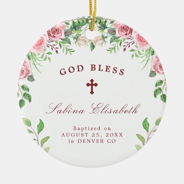 Ornamento De Cerâmica Foto de batismo de rosas rosa personalizada (Frente)