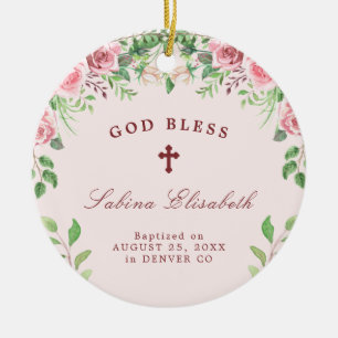 Ornamento De Cerâmica Foto de batismo de rosas rosa personalizada
