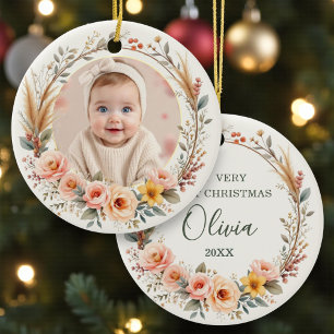 Ornamento De Cerâmica Foto de Bebê de Flor Silvestre Primeiro Natal