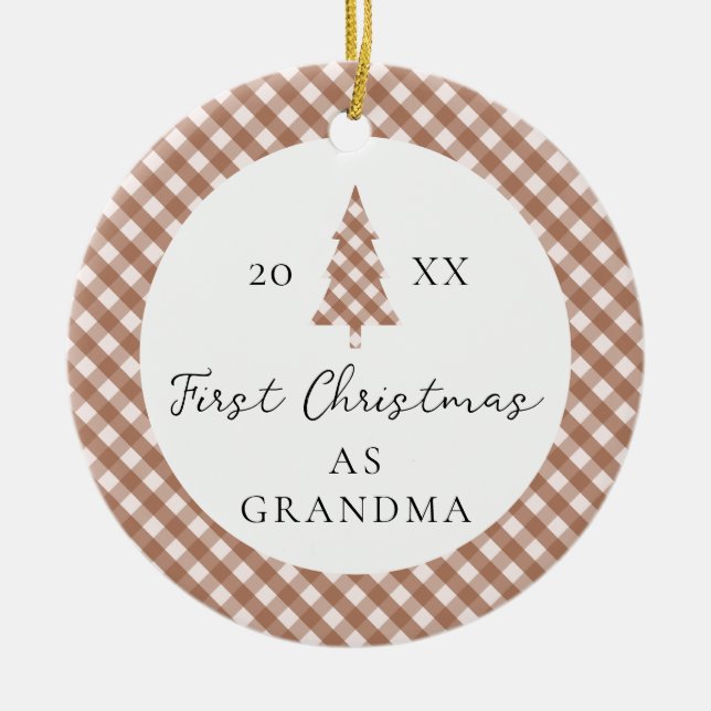 Ornamento De Cerâmica Foto de Bebê de Gingham Marrom Primeiro Natal da V (Frente)