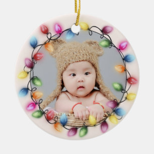 Ornamento De Cerâmica Foto de Bebê Recém-Nascido com Luzes de Natal em A