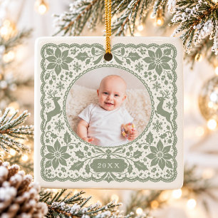Ornamento De Cerâmica Foto de Bebê Vintage em Papel Recortado com Renda 