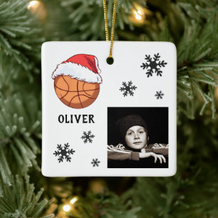Ornamento De Cerâmica Foto de Bola de Basquete com Chapéu de Papai Noel
