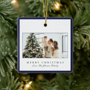 Ornamento De Cerâmica Foto de Borda Azul Mínima Elegante Natal