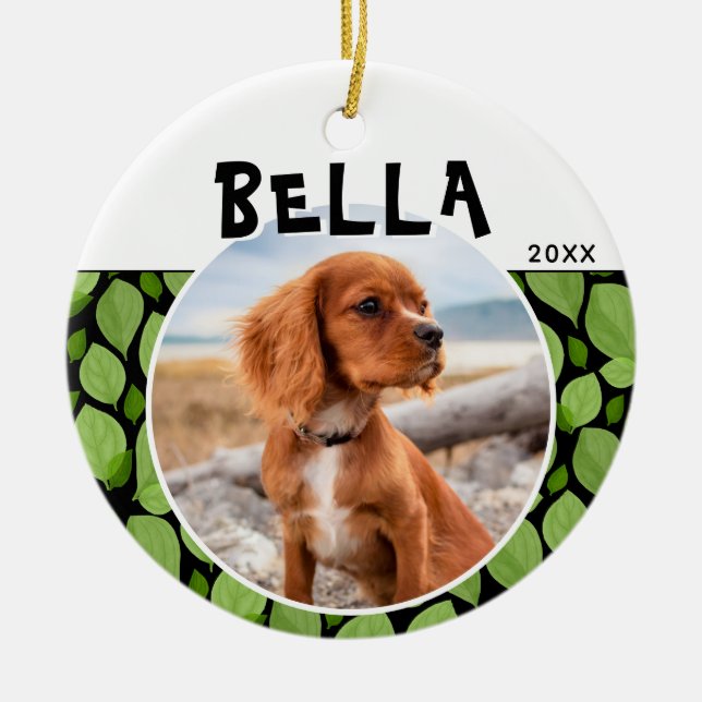 Ornamento De Cerâmica Foto de Cachorro com Padrão de Folha de Manjericão (Frente)