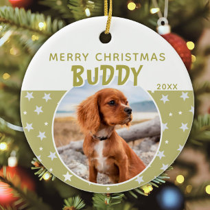 Ornamento De Cerâmica Foto de Cachorro Natal Feliz Padrão de Estrela