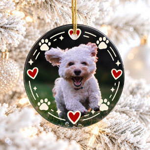Ornamento De Cerâmica Foto de Cachorro Pata Impressa Coração Vermelho Na