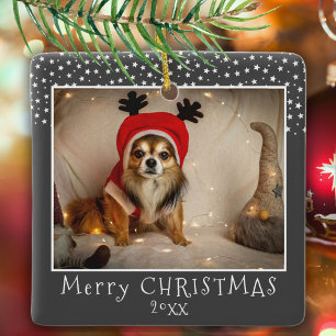 Ornamento De Cerâmica Foto de Cachorro Pet Estrelas Cinza Feliz Natal