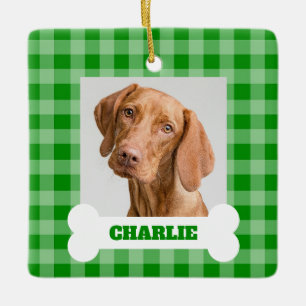 Ornamento De Cerâmica Foto de Cachorro Verde Xadrez Osso Branco Nome Per