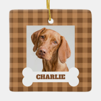 Ornamento De Cerâmica Foto de Cachorro Xadrez de Gingham Marrom Nome do