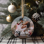 Ornamento De Cerâmica Foto de Casais Personalizados de Sobreposição de S<br><div class="desc">Crie uma doce lembrança do seu casamento,  noivado,  aniversário,  lua de mel ou momento especial com este ornamento cerâmico personalizado que é perfeito para casais. Adicione uma foto favorita a cada lado,  com "para sempre" sobreposto em letras de script,  com seus nomes embaixo.</div>