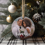 Ornamento De Cerâmica Foto de Casais Personalizados para Sobreposição pa<br><div class="desc">Crie uma doce lembrança do seu casamento,  noivado,  aniversário,  lua de mel ou momento especial com este ornamento cerâmico personalizado que é perfeito para casais. Adicione uma foto favorita a cada lado,  com "para sempre" sobreposto em letras brancas clássicas,  e suas iniciais embaixo.</div>
