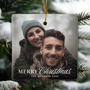 Ornamento De Cerâmica Foto de casal de Natal com letra moderna