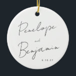 Ornamento De Cerâmica Foto de Casamento Branco Preto com Escrita Manual<br><div class="desc">Manuscrito Moderno Minimalista Manuscrito Preto e Branco Ornamento Cerâmico com Foto</div>