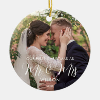 Ornamento De Cerâmica Foto de Casamento de Script Branco Elegante