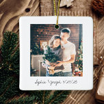 Ornamento De Cerâmica Foto de casamento do estilo de foto instantâneo pr<br><div class="desc">Este simples ornamento de fotos de Natal preto e branco tem um lugar para sua foto favorita,  e espaço para seus nomes e data de casamento em um visual de manuscrito antigo. Um santo sentimental e elegante para o novo casal casado.</div>