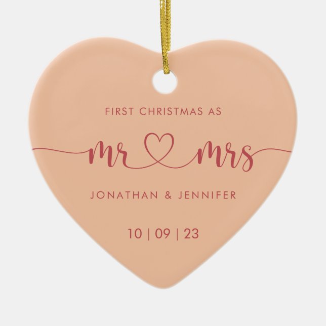 Ornamento De Cerâmica Foto De Casamento Do Peach Newlyweds (Frente)