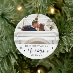 Ornamento De Cerâmica Foto de casamento minimalista Primeiro Natal como