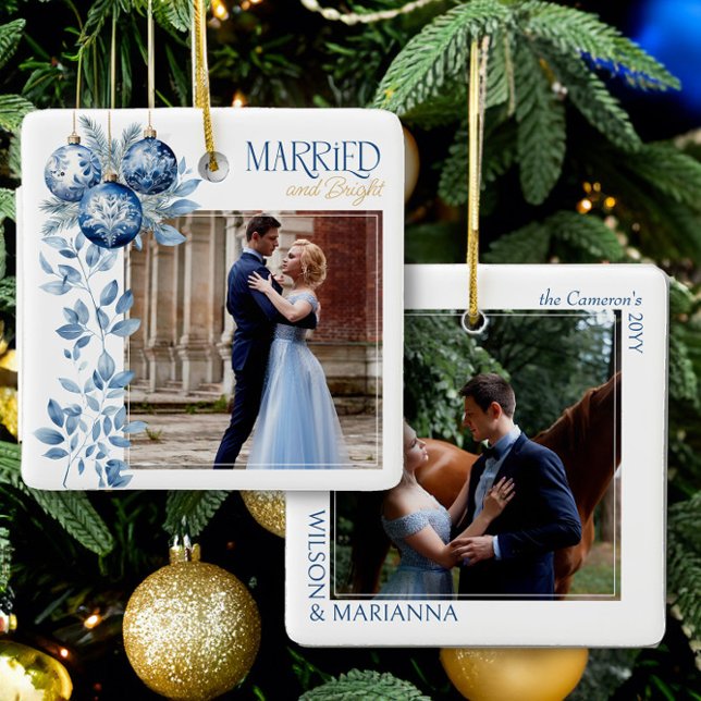 Ornamento De Cerâmica Foto de Casamento Quadrado do & Bright 2 (Married and Bright wedding photo christmas ornament by Darling & May)