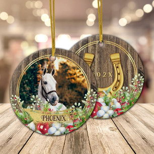 Ornamento De Cerâmica Foto de cavalo madeira de ouro Natal