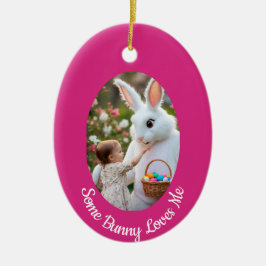 Ornamento De Cerâmica Foto de coelho e criança em moldura oval rosa azul