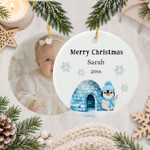 Ornamento De Cerâmica foto de criança no inverno com pinguim de natal