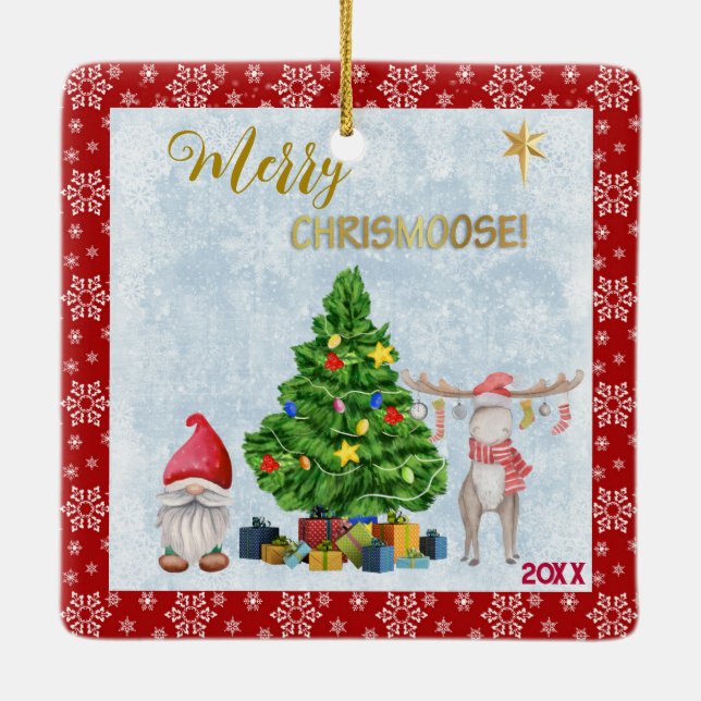 Ornamento De Cerâmica Foto de criança - Papais noeis Gnomo, Árvore e Moo (Verso)