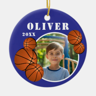 Ornamento De Cerâmica Foto de esportes de basquete azul personalizada