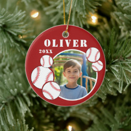Ornamento De Cerâmica Foto de esportes vermelhos personalizados da bola