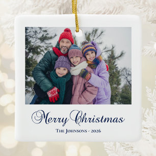 Ornamento De Cerâmica Foto de Família com Caligrafia Clássica de Feliz N