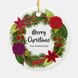 Ornamento De Cerâmica Foto de família de Natal com flores em aquarela