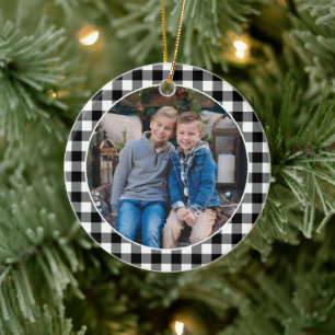 Ornamento De Cerâmica Foto de família de Natal com xadrez búfalo branco