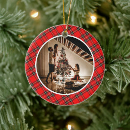 Ornamento De Cerâmica Foto de Família de Natal Xadrez Vermelho Moderno E