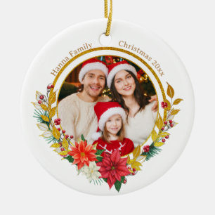 Ornamento De Cerâmica Foto de Família e Poinsettia Presente de Feliz Nat