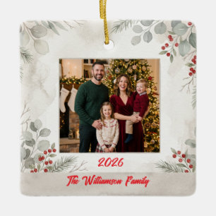 Ornamento De Cerâmica Foto de Família em Cerâmica de Natal com Folhagem