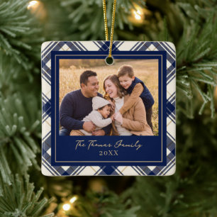 Ornamento De Cerâmica Foto de Família Feliz Natal em Xadrez Naval