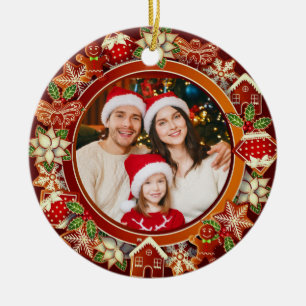 Ornamento De Cerâmica Foto de Família, Gengibre e Poinsettia Natal