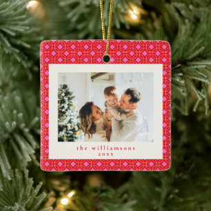 Ornamento De Cerâmica Foto de Família Natal Geométrico Rosa e Vermelho