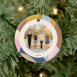 Ornamento De Cerâmica Foto de Família Natal Moderno Bloco de Cor Pastel