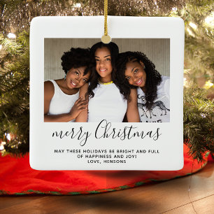 Ornamento De Cerâmica Foto de Família Natal Simples Minimalista em Letra