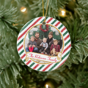 Ornamento De Cerâmica Foto de família vintage de Natal com brilho e corr