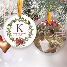 Ornamento De Cerâmica Foto de Feriado de Poinsettia Holly Monograma