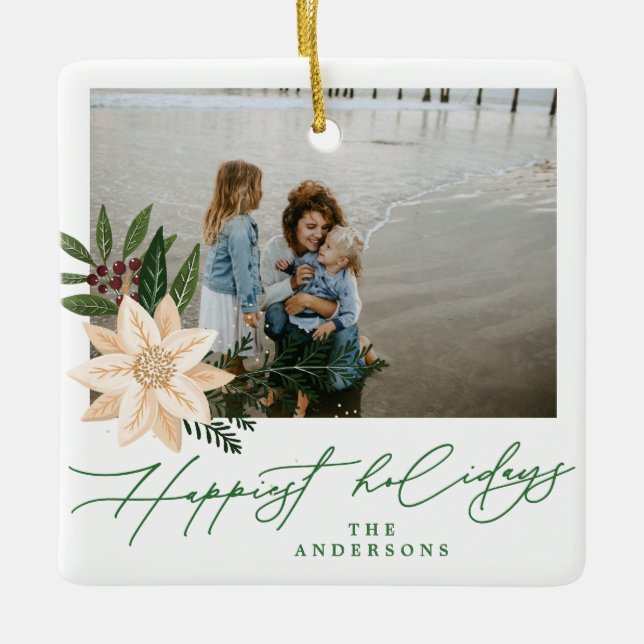 Ornamento De Cerâmica foto de feriados botânicos do natal moderno (Frente)